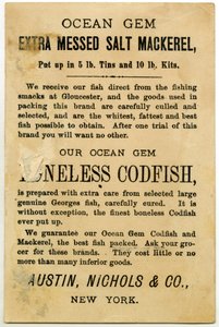 Austin, Nichols & Co. Ocean Gem Makreel, handelskaart verso